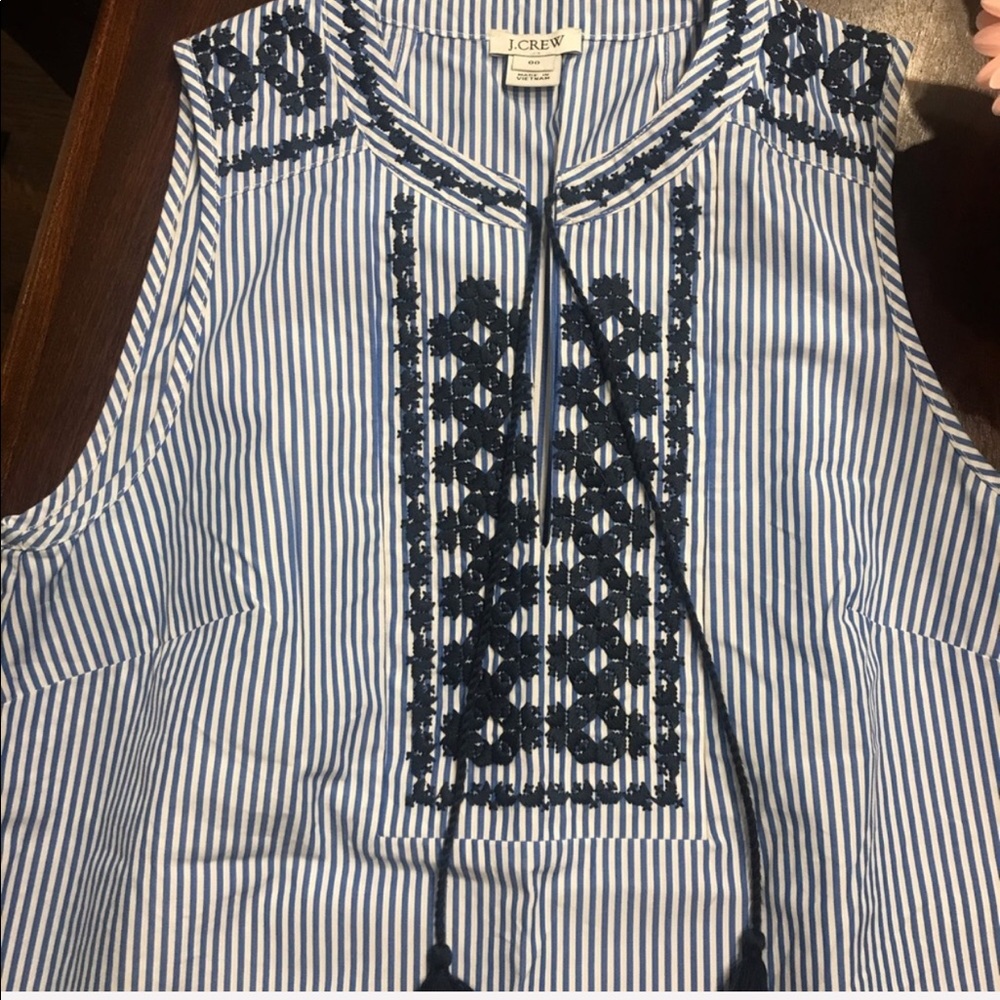 Blue seersucker j.crew embroidered tank-00
